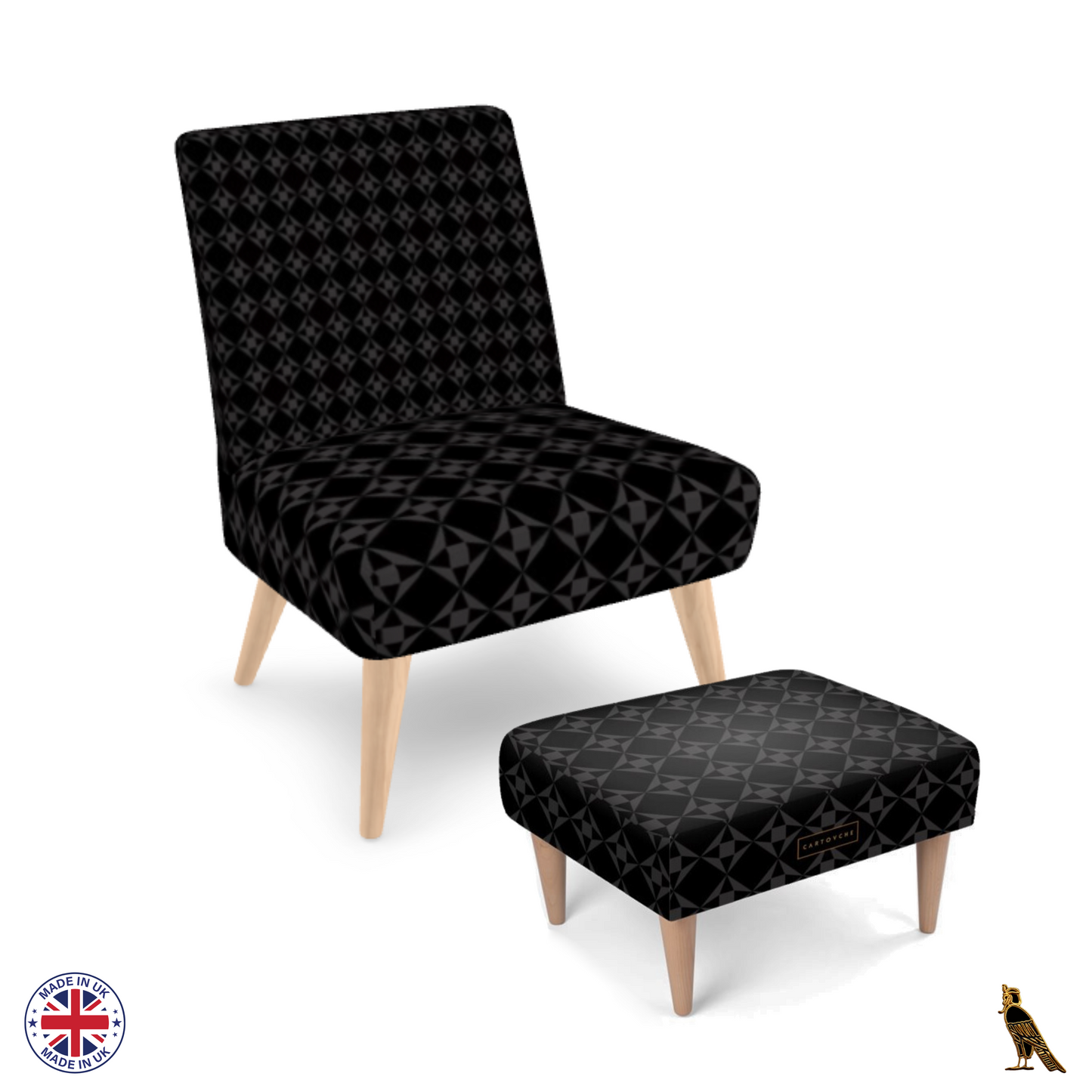 Footstool | Velour Black & Grey Geo Pattern