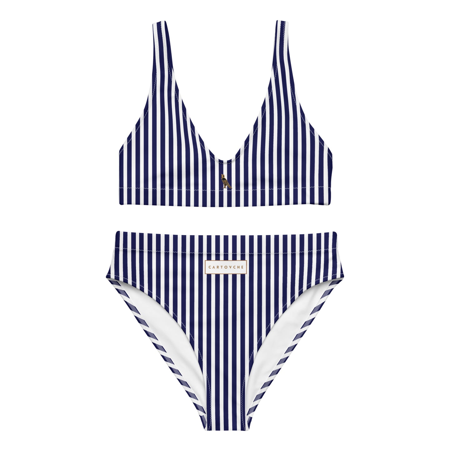 High-Waisted Bikini Set (Navy Blue & White Stripe - Vertical)