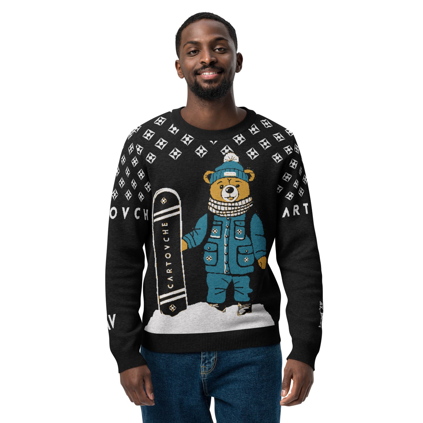 Men's Knitted Crew Neck Sweater | Snowboarder Bear