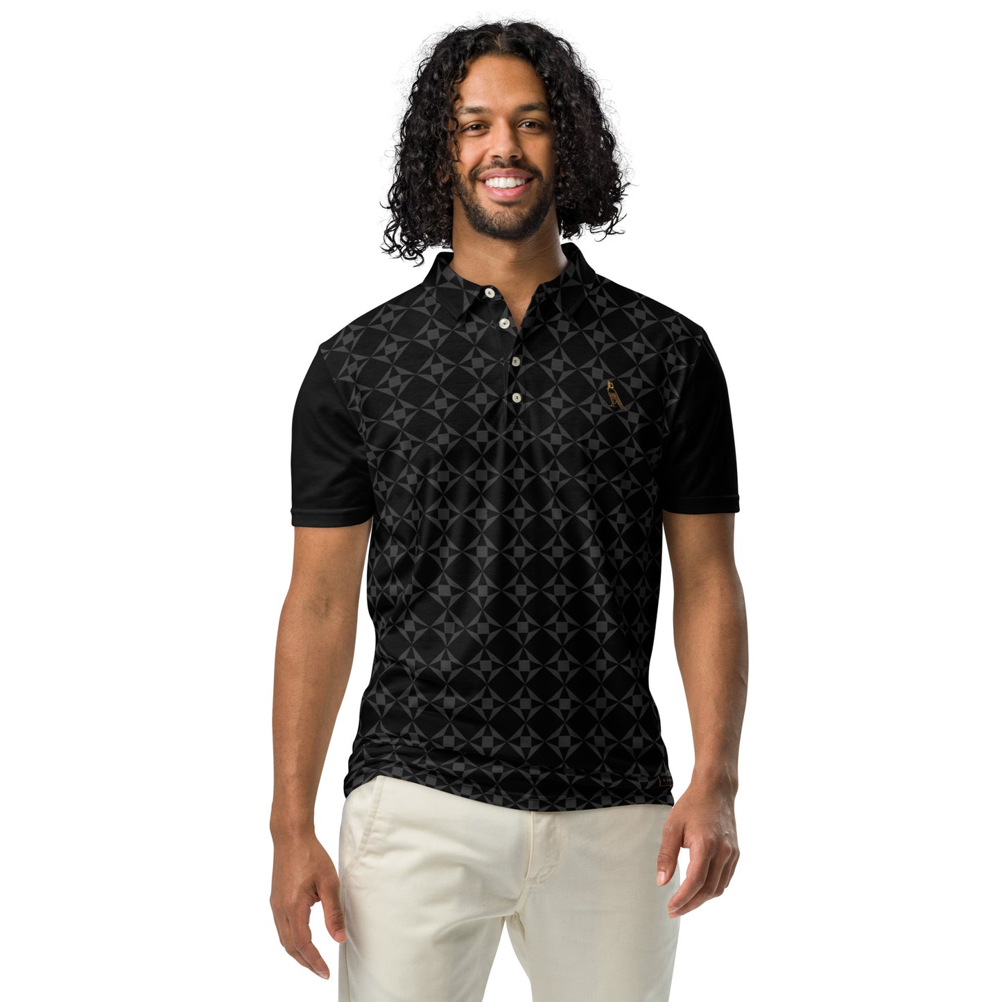 Men’s Slim Fit Polo Shirt | Black (with Grey Geo Pattern)