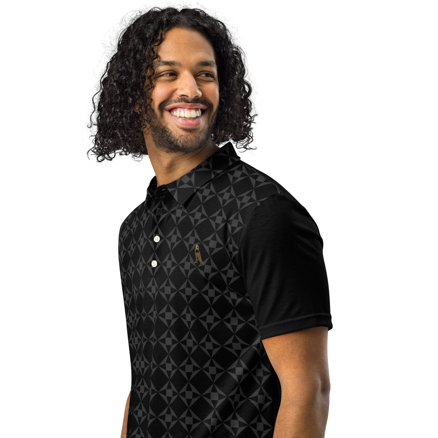Men’s Slim Fit Polo Shirt | Black (with Grey Geo Pattern)