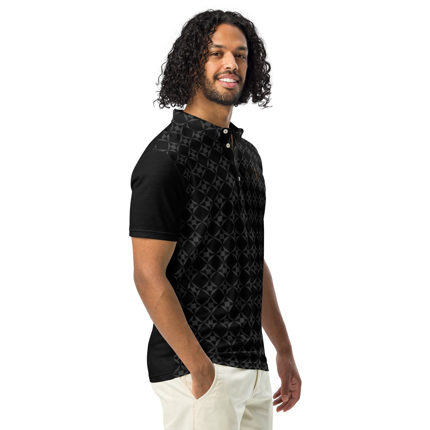 Men’s Slim Fit Polo Shirt | Black (with Grey Geo Pattern)