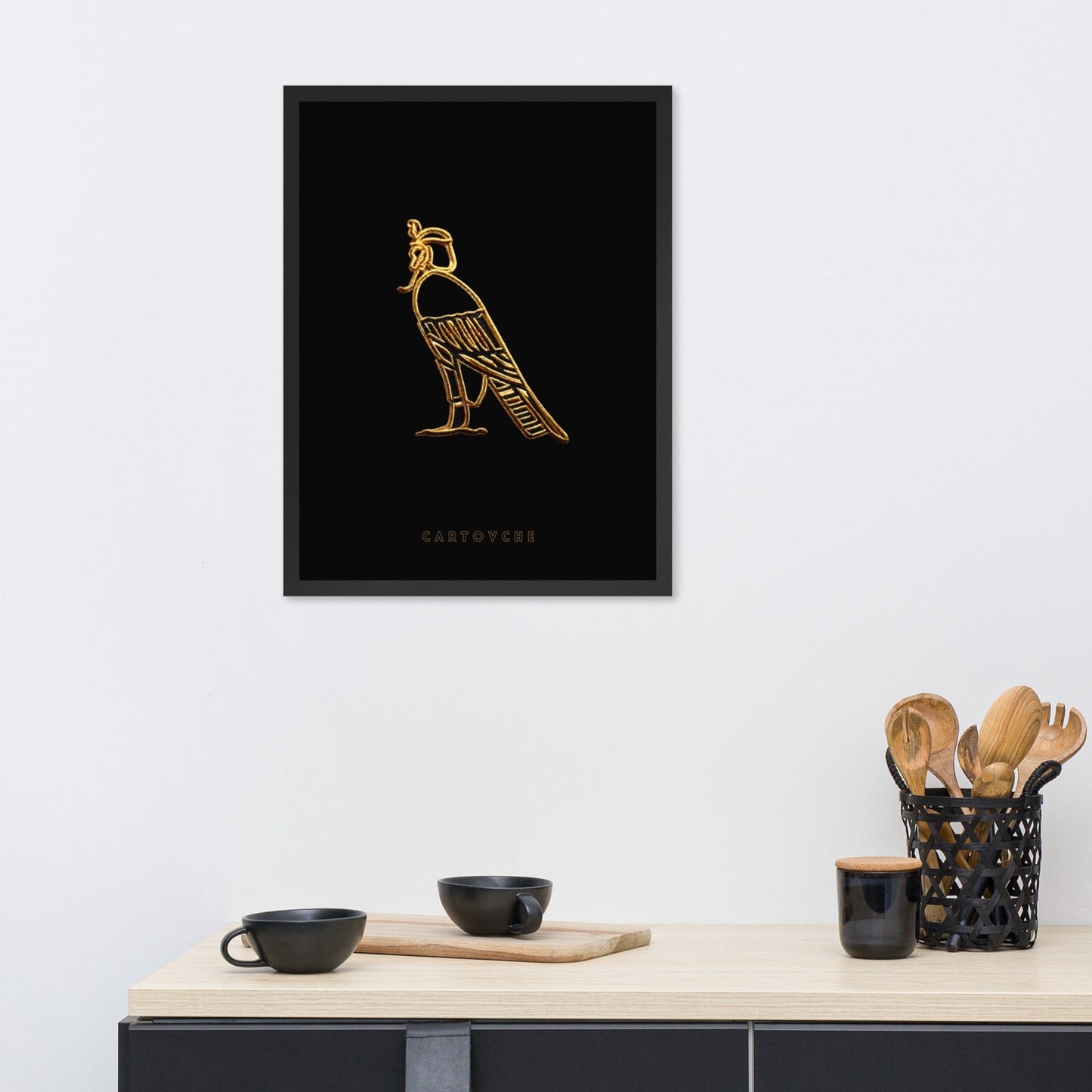'Cartovche Horus Gold Thread (Black on Black)' | 18" x 24" Wood Framed Poster