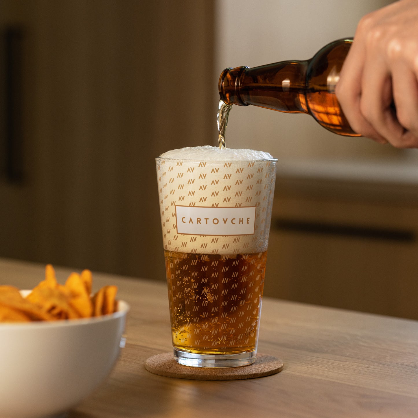 Hand-made Shaker Pint Glass | 'AV' Pattern with White Label Logo