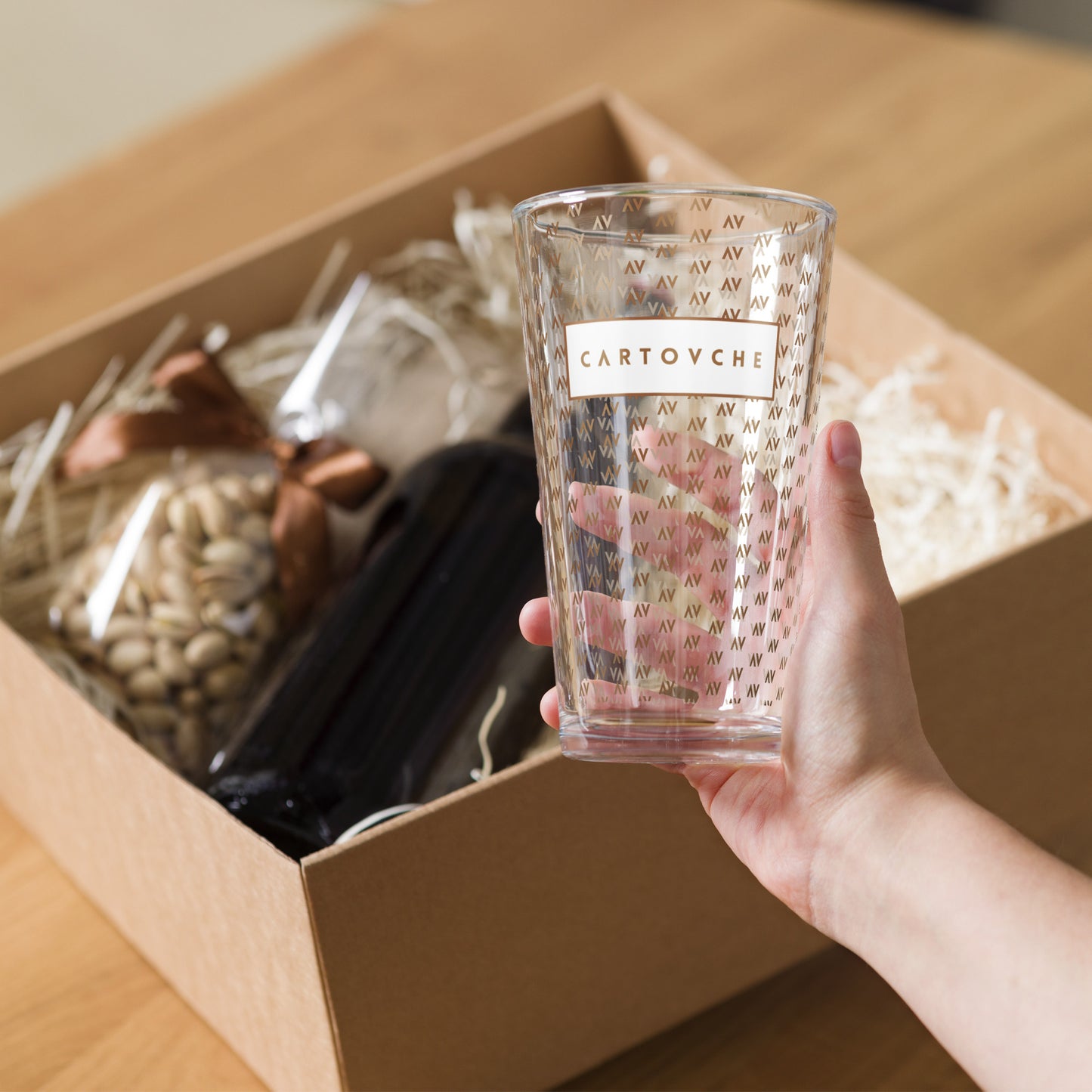 Hand-made Shaker Pint Glass | 'AV' Pattern with White Label Logo