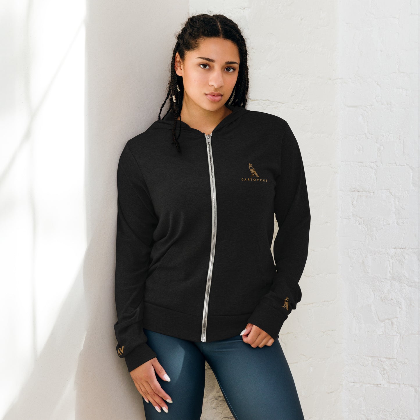 Women's Embroidered Zip Up Lightweight Hoodie (Solid Triblend Black)