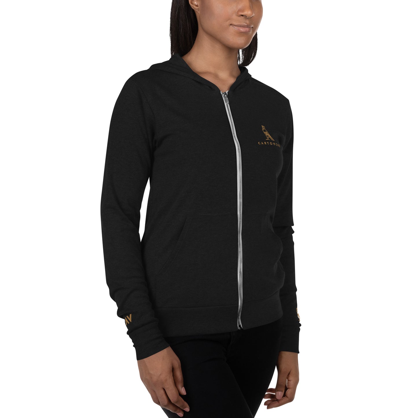 Women's Embroidered Zip Up Lightweight Hoodie (Solid Triblend Black)