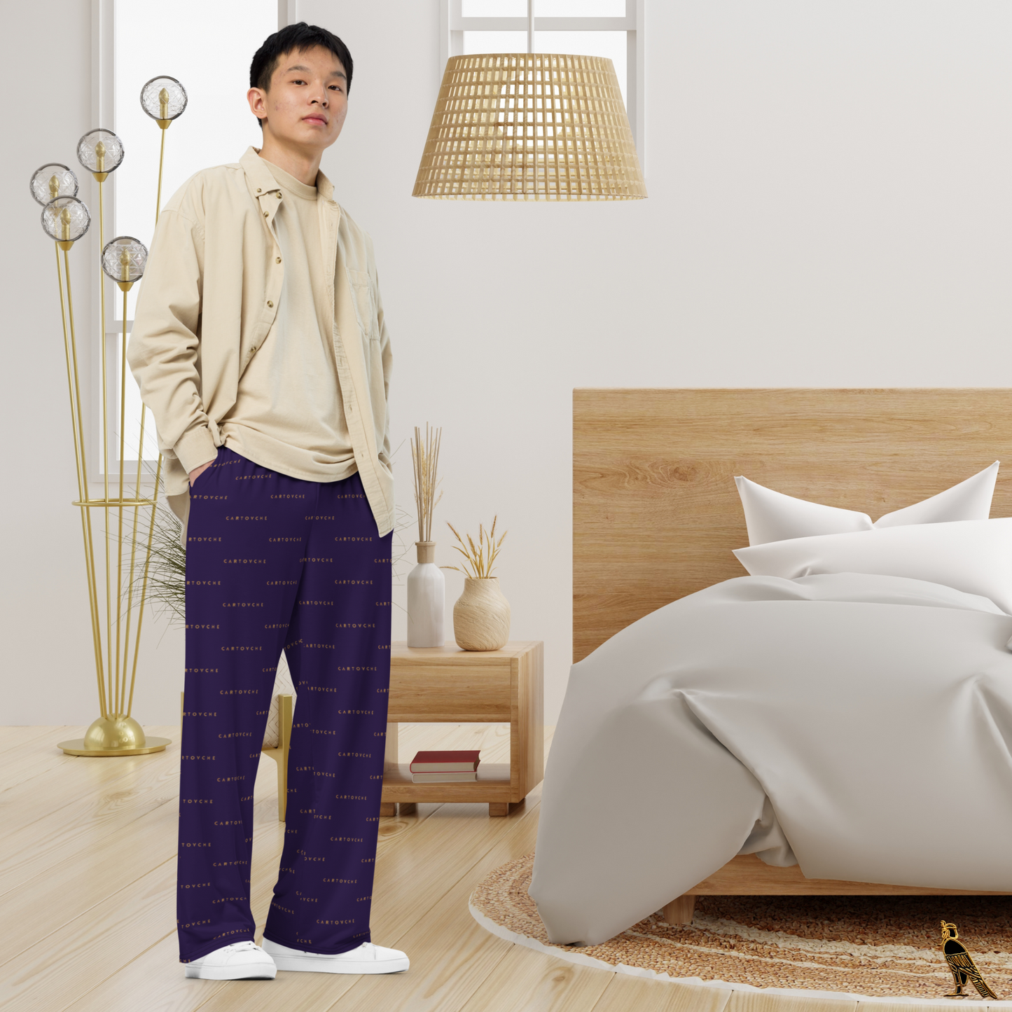Navy Lounge Pants - All-Over Gold 'Cartovche' Logo | Loungewear
